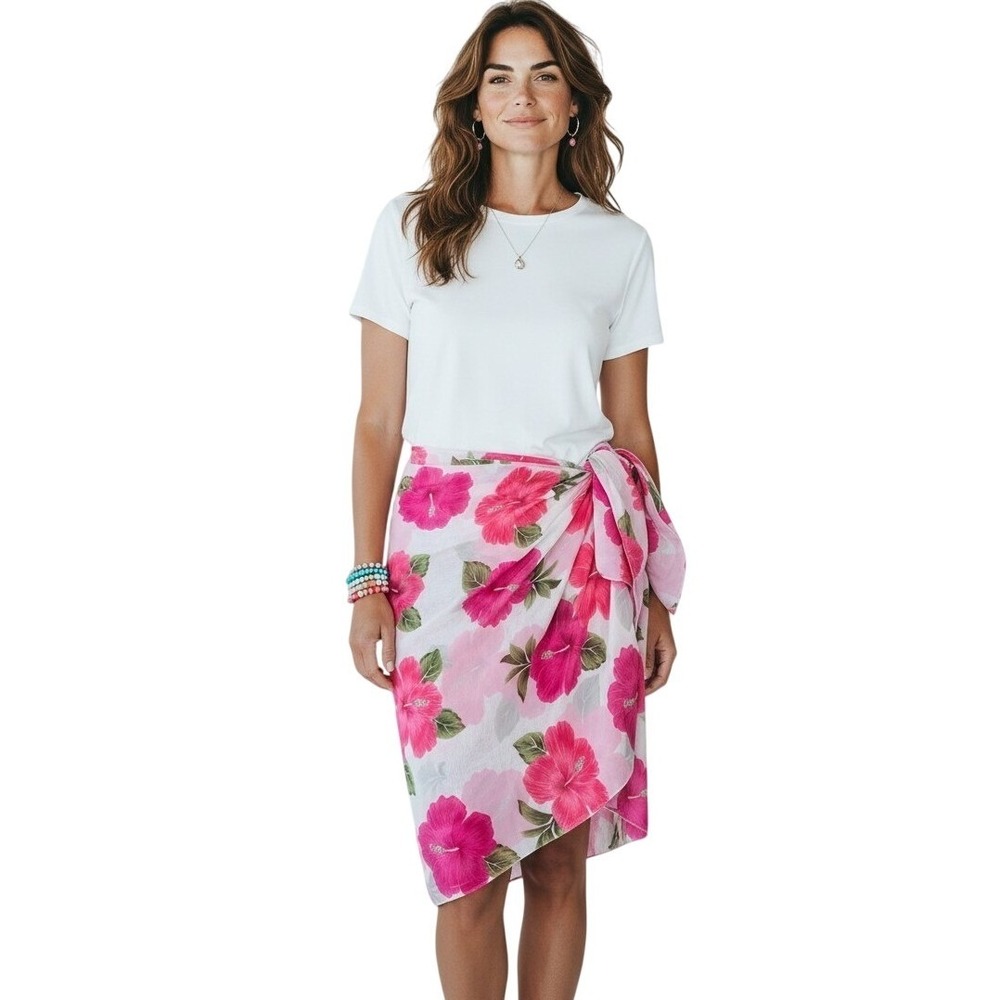 Rima Beachworld Pink Hibiscus Floral Sarong Wrap Beach Coverup 64Lx40 St Maarten